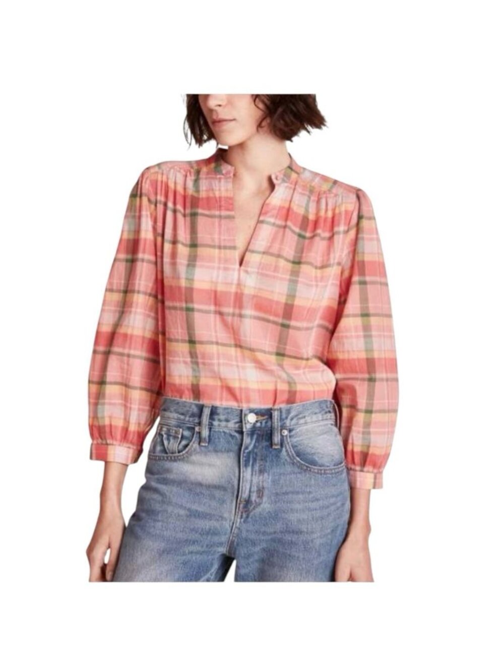 Trovata Birds Of Paradise Lily Blouse Medium Marmelaide Plaid Pink Relaxed Fit
